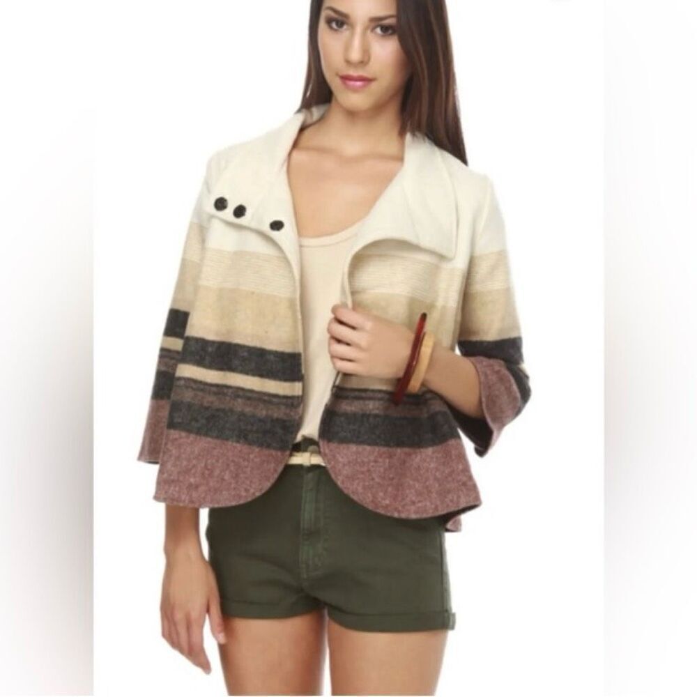 BILLABONG Wool Blend Swing Coat Funnel Neck Boxy Striped Southwestern MEDIUM